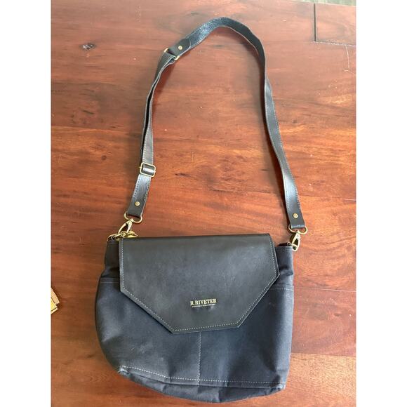 R. Riveter Black Canvas Leather Handbag Crossbody Purse handbag 11 in - Picture 8 of 12